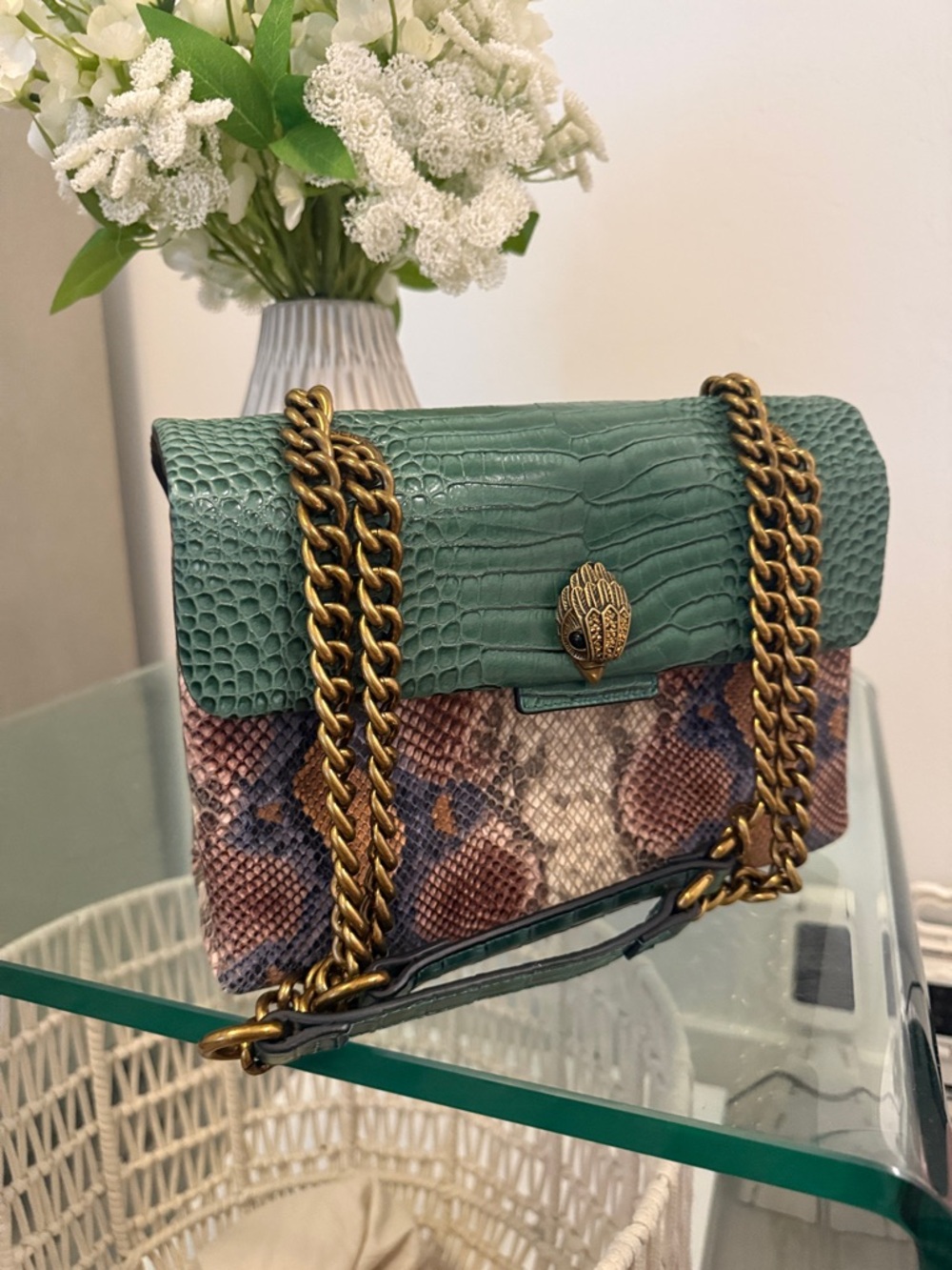 Kurt Geiger Mint Green and Neutral Snake-Print Shoulder Bag with Gold Chain - Picture 2 of 5